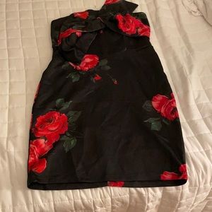 Super Cute Floral Black Fitted Strapless Dress